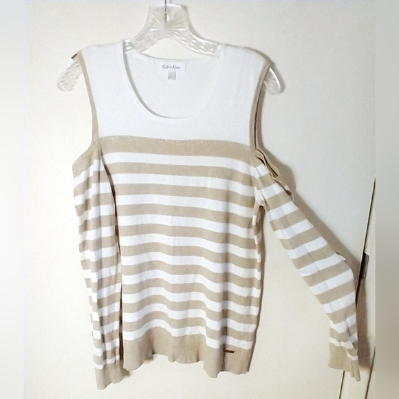 CALVIN KLEIN WOMEN'S MISSES SIZE LARGE BEIGE & WHITE STRIPES COLD SHOULDER TOP - Picture 5 of 12